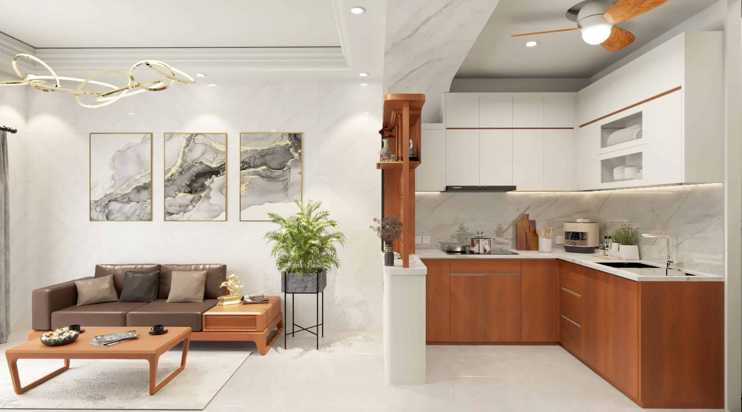 Phối cảnh phòng bếp và khách